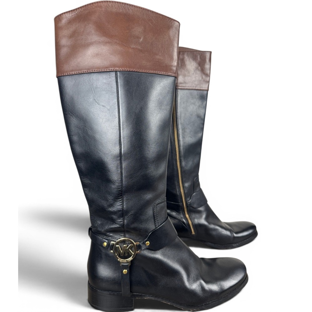 Michael Kors 2 Tone Riding Boots 8.5 M Black Brown Leather MK Logo Harness Tall